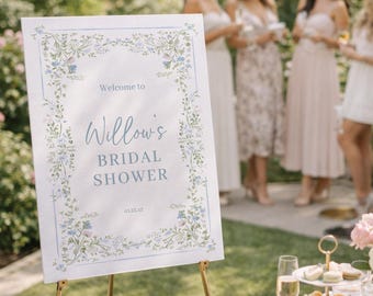 PRINTED & FREE SHIPPED Blue Flowers Bridal Shower Welcome Sign | Hydrangea Floral Bridal Shower | Custom Welcome Sign | Bridal Shower Decor