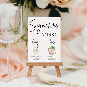 Mall för signaturmocktails, drinkskylt, utskrivbar signaturcocktailskylt, hans och hennes drinkskylt, drinkskylt, barmeny, modern minimalistisk bild 3