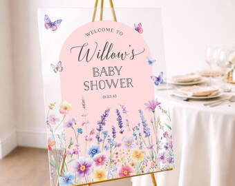 PRINTED & FREE SHIPPED Personalized Baby Shower Welcome Sign | Acrylic | Custom Welcome Sign | Butterfly Garden | Wildflowers | Decor