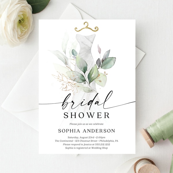 Plantilla de invitación para despedida de soltera, acuarela, vestido, invitación para brunch nupcial, invitación editable e imprimible, descarga instantánea, diseño botánico.