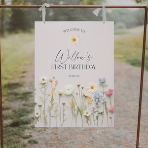 Modello modificabile per cartello di benvenuto con fiori di campo, cartello di benvenuto stampabile per il 1° compleanno, decorazione per la doccia, fiori colorati, compleanno con fiori di campo