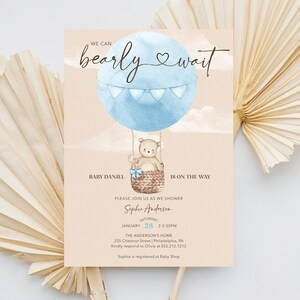 Boho Teddybär Heißluftballon-Babyparty-Einladungsvorlage, Bärn-Thema-Babyparty, wir können kaum warten, Download, niedliche Bär-Baby-Dusche