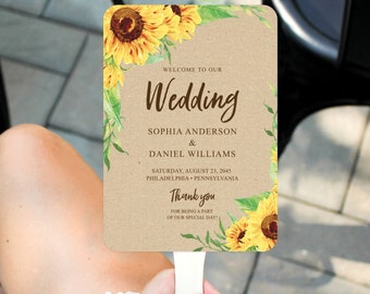 Sunflower Wedding Program Template, Sunflowers Wedding Fan Program, Editable Printable Programs, Fans For Guests, DIY, Rustic Sunflowers