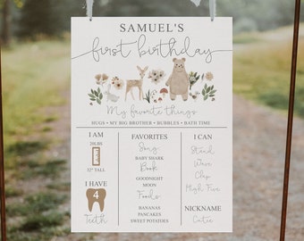 Editable Boho Woodland Birthday Milestone Sign Template, Milestone Board, First Birthday Decor, Download, Bear Birthday, Woodland Animals