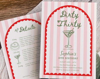 Dirty Thirty Birthday Party Invitation and Itinerary Template | Modern Coastal | Birthday Weekend Invite | Hand Drawn Martini | 30th