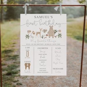Modèle modifiable de plaque d'étape anniversaire bohème dans les bois, tableau des jalons, décoration premier anniversaire, téléchargement, anniversaire d'ours, animaux de la forêt