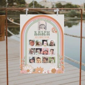 Milestone First Birthday Sign Template, Printable Baby&#39;s First Year Poster, Retro Birthday, 1st Birthday Milestone Board, Photo Collage