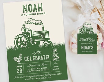 Country Tractor Birthday Invitation with Tag Template, Boy Birthday Invite, Download, Farm Birthday, Birthday Party Bundle, Modern Birthday