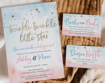 Twinkle Twinkle Gender Reveal Invitation Set Template, Printable Editable, Thank You Card, Diaper Raffle, Books For Baby, Moon and Stars