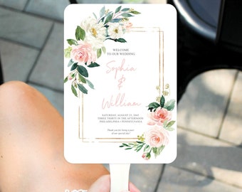 Floral Wedding Program Fan Template, Printable Program Fan, Wedding Fan Program, Ceremony Programs, Airy Blush, Fan for Guests, Greenery