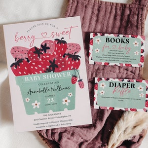 Berry Sweet Baby Shower Invitation Set Template, Printable Editable, Thank You Card, Diaper Raffle, Books For Baby, Strawberry, Summer Baby
