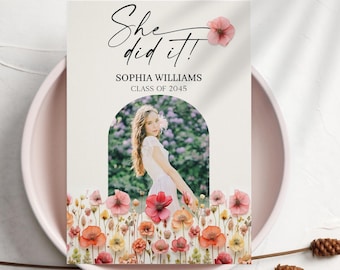 Wildflower Graduation Announcement Template | Class of 2026 | Floral Graduation Party Invite | Grad Announcement Card with Photos