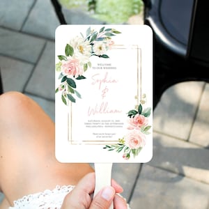 Floral Wedding Program Fan Template, Printable Program Fan, Wedding Fan Program, Ceremony Programs, Airy Blush, Fan for Guests, Greenery