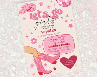 Pink Cowgirl Birthday Party Invitation Template, Pink disco Cowgirl Party, Rodeo Birthday, Girl Birthday Party, Let&#39;s Go Girls, Any Age