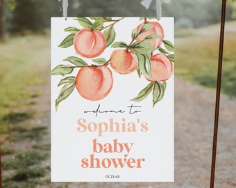 Plantilla editable de letrero de bienvenida para baby shower de color melocotón, imprimible, descarga instantánea, género neutro, dulce melocotón, fruta