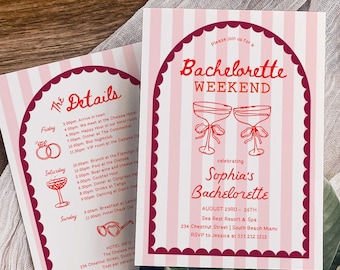 Pink Bachelorette Party Invitation and Itinerary Template | Modern Coastal | Bachelorette Weekend Invite | Hand Drawn Champagne | Girls Trip