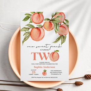 Our Sweet Peach Is Turning Two, 2nd Birthday Invite Template, Peach Second Birthday Invitation, Birthday Party Invite, Printable Birthday