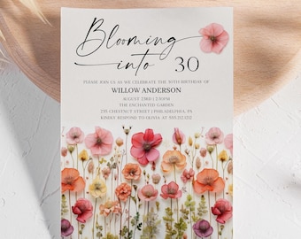 Blooming Birthday Party Invite Template | Garden Party | Wildflower Birthday Party | Flower Stems | Printable Birthday Invitation | 30th