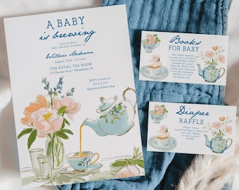 Woodland Tea Baby Shower Invitation Bundle Time For Tea Baby Shower Invite Set Template Printable Thank You Diaper Raffle Books For Baby Bow