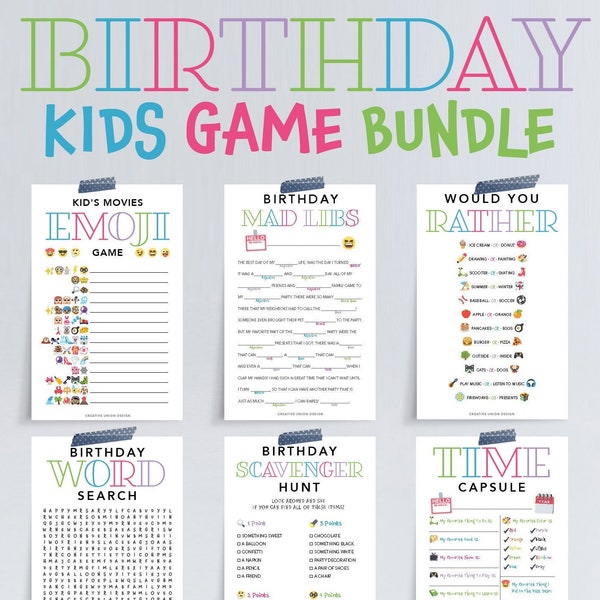 Kids Birthday Printable Games Bundle, Birthday Party Games, Birthday Decorations, Games, Kids Birthday Party, Emoji, Mad Libs, Party Games