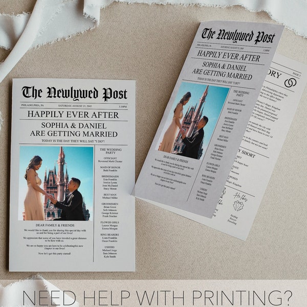 Newspaper Wedding Program Template, Printable Wedding Programs with Timeline, Infographic, Folded Program, Newspaper Editable Template, A4