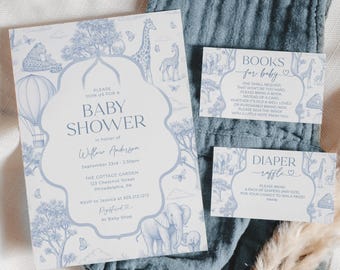 Toile De Jouy Blue Boy Baby Shower Invitation Set Template for Safari Baby Shower Books For Baby Diaper Raffle Thank You Card Chinoiserie