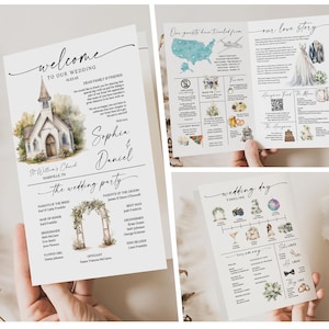 Redigerbar bröllopsprogrammall, vikt infografik, tidslinjeprogram, utskrivbart DIY, bohemisk akvarell bröllopsresplan, direktnedladdning