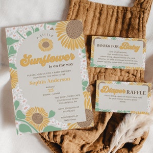 Retro Sunflower Baby Shower Invitation Set Template, Printable Editable, Thank You Card, Diaper Raffle, Books For Baby, Sun Flower Baby Girl