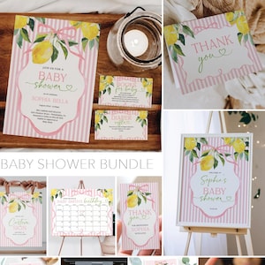 Kit Chá de Bebê para Meninas Rosa Cítrico Convite para Chá de Bebê Preppy Placas para Chá de Bebê Decoração para Chá de Bebê Jogos para Chá de Bebê Preppy Laço Rosa Limão