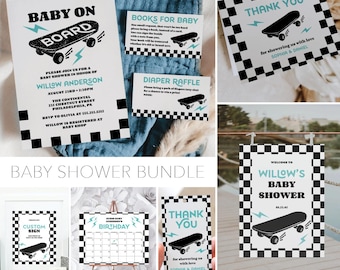 Baby On Board Baby Shower Bundle Boy Baby Shower Invite Baby Shower Sign Baby Shower Decor Baby Boy Shower Skateboard Blue Baby Shower Games