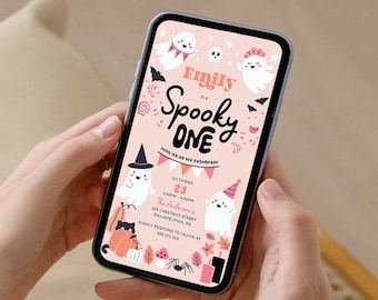 Spooky One 1st Birthday Party Evite Template, Halloween Birthday Digital Invite, Spooky Ghost Birthday Invite, Editable, Cute