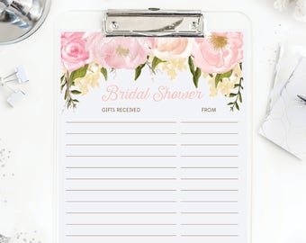 Bridal Shower Gift List - Gifts Received - List of Received Gifts - Bridesmaid - Bridal Shower - Pink Peony - Instant Download