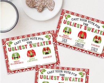 May include: Three rectangular cards with the text "Cast Your Vote for the Ugliest Sweater" in red and green. Each card features three sweater designs labeled "Most Flammable," "Most Creative," and "Ugliest."