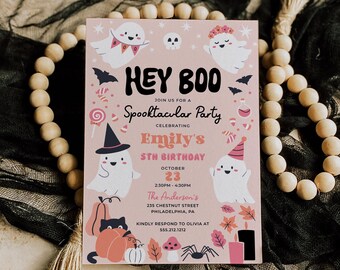 Szablon zaproszenia na przyjęcie urodzinowe Hey Boo, upiorny duch, urodziny dla dzieci na Halloween, upiorne zaproszenie na urodziny, wydrukowane przyjęcie urodzinowe, urocze