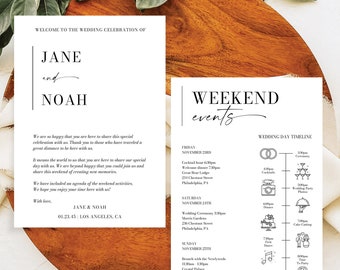 Minimal Aesthetic Wedding Itinerary Template, Printable Wedding Welcome Bag Letter, Timeline, Weekend Schedule, Information for Guests