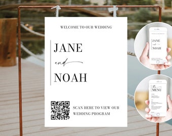 QR Code Wedding Program Template and Scannable Wedding Welcome Sign, Scannable QR Code Sign, Wedding Program Digital, Minimal Aesthetic