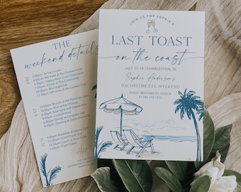 Coastal Bachelorette Party Invitation and Itinerary Template, Last Toast On The Coast Bachelorette Weekend Invite, Beach Bachelorette, Sea