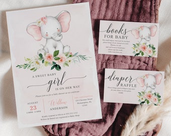 Pink Elephant Girl Baby Shower Invitation Set Template (Printable Editable)