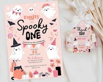 May include: A pink Halloween party invitation with the text "Emily is a Spooky One" and illustrations of ghosts, bats, and pumpkins. A small bag of marshmallows with a matching tag that says "Thank You" is also visible.