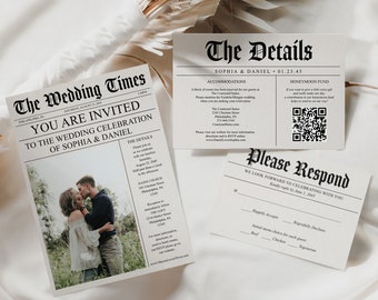 Newspaper Wedding Invitations Template, Fully Editable Unique Wedding Invite, Wedding Invitation Set, Wedding Template Newspaper, RSVP Card