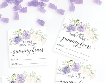 How Many Gummy Bears Game, Baby Shower Game, Baby Shower Games, Sign and Cards, Guess How Many, Candy, Printable, Pastel Purple