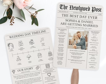 Newspaper Wedding Program Fan with Timeline, Printable Wedding Fan Program, Unique Wedding Programs, Newspaper, Timeline with Icons, DIY