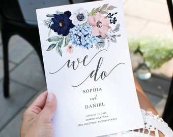 Folded Wedding Program Template, Printable Wedding Program, We Do, Editable Wedding Ceremony Program, Instant Download, Navy Blooms, Floral