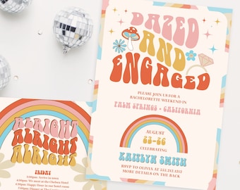 Dazed and Engaged Bachelorette Party Invitation And Itinerary, Retro Bachelorette, Hippie Bachelorette Invite, Schedule Template, Printable