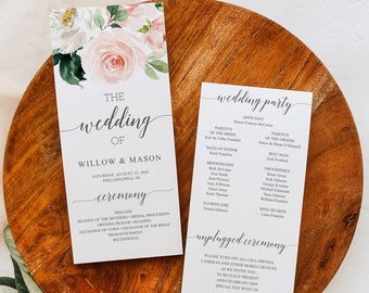 Blushing Blooms Wedding Programs Template, 4x9 Wedding Program, Editable Wedding Program, Printable Programs, Instant Download, Boho, DIY