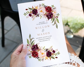 Folded Wedding Program, Burgundy Marsala, Bifold Printable Wedding Program Template, Fun Wedding Programs, Fall, Foldable, Rustic