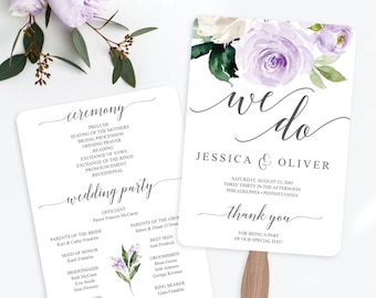 May include: Wedding ceremony program fan with purple floral design. The fan features the text "we do" and the names Jessica & Oliver. The back of the fan includes the wedding ceremony details and wedding party names.