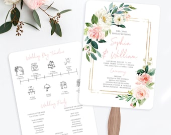 Wedding Program Fan Template, Editable Program with Timeline, Printable Wedding Programs, Fans for Guests, Floral, Airy Blush, Gold