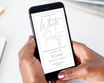 Digital Winter White Christmas Party Invite, White Party Invitation, Editable, Elegant, Christmas Party, Holiday Party, Birthday White Party