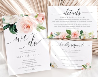 Floral Wedding Invitations Template, Fully Editable Wedding Invite, Wedding Invitation Set, Wedding Suite, We Do, Download, Blushing Blooms